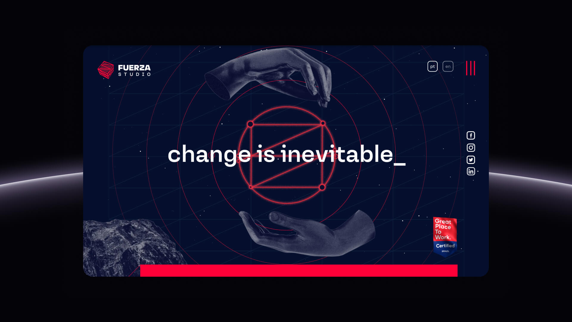 Vibrant Fuerza Studio homepage featuring services such as UX/UI design and consulting for clients like Al Jazeera and Airbnb.