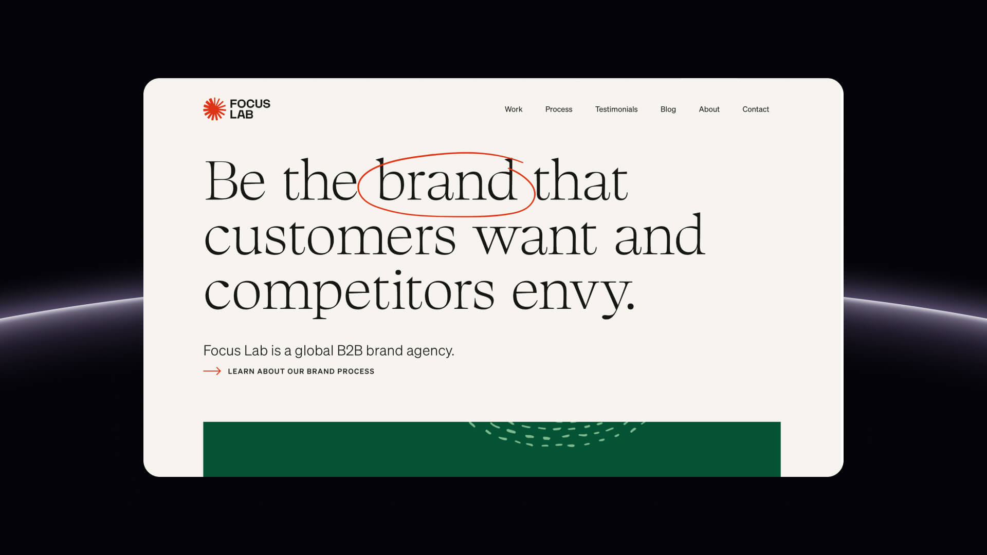 Focus Lab homepage with bold visuals, emphasizing their results-driven approach for B2B clients like Salesloft and G2.