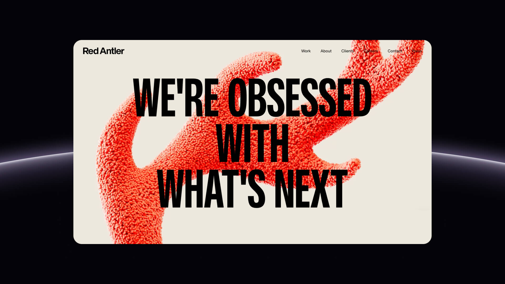 Red Antler homepage focusing on transformative branding for startups and Fortune 100 companies like Hinge and Ramp.