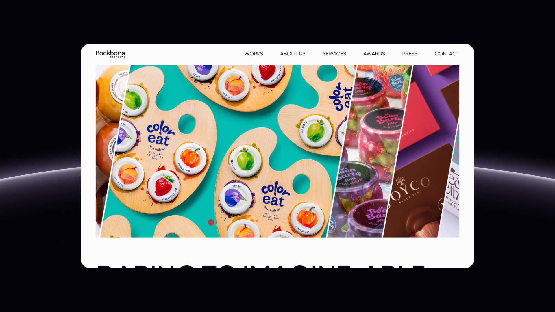 Backbone Branding's clean homepage focusing on design and packaging with recent Pentawards-winning projects.