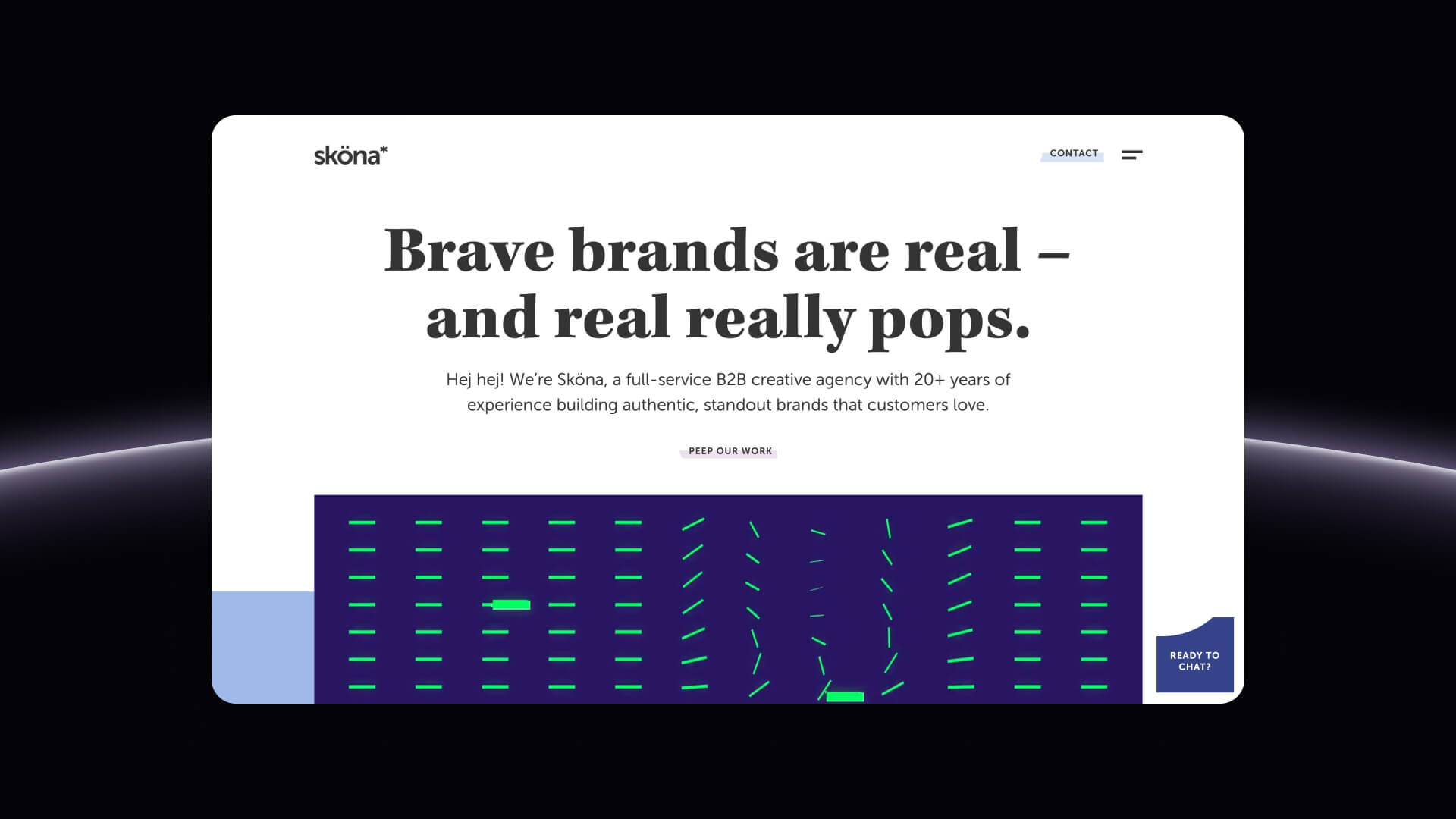 Sköna homepage spotlighting creative branding for tech companies, including Snowflake and Rollworks.