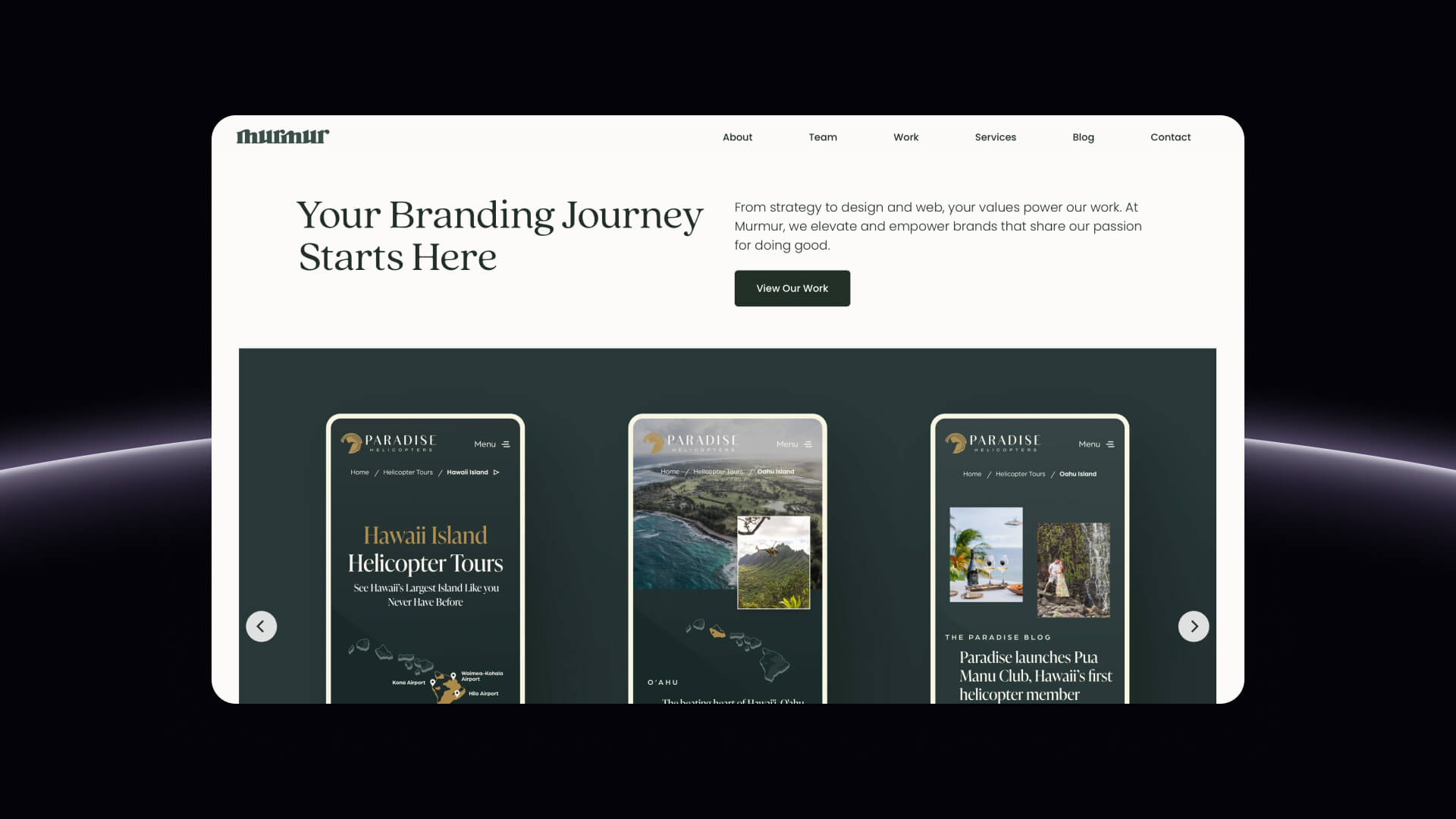 Murmur homepage with comprehensive services like logo design and SEO for companies like Good Foods.
