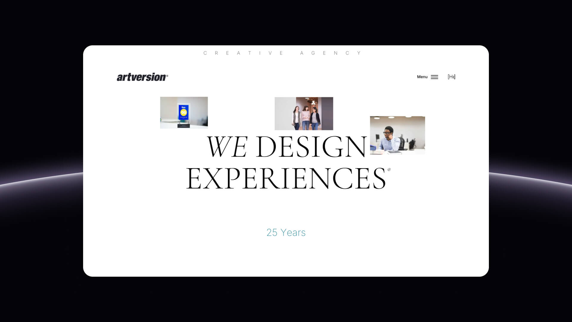 Artversion homepage showcasing their 25+ years of experience in creative solutions for clients like Toyota and Volvo.