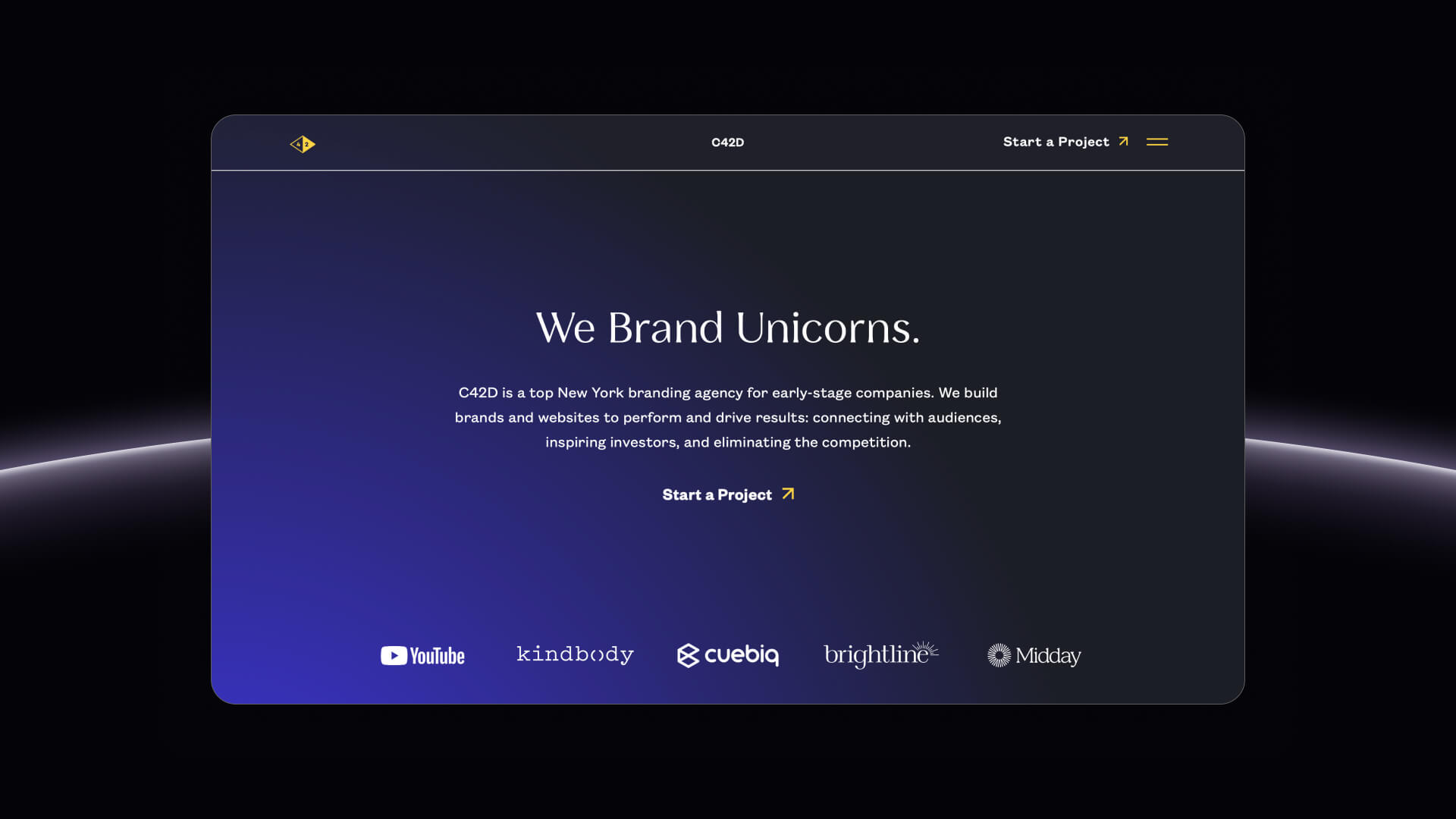 C42D bold homepage with strategic branding for early-stage startups and renowned companies like YouTube and Reebok.