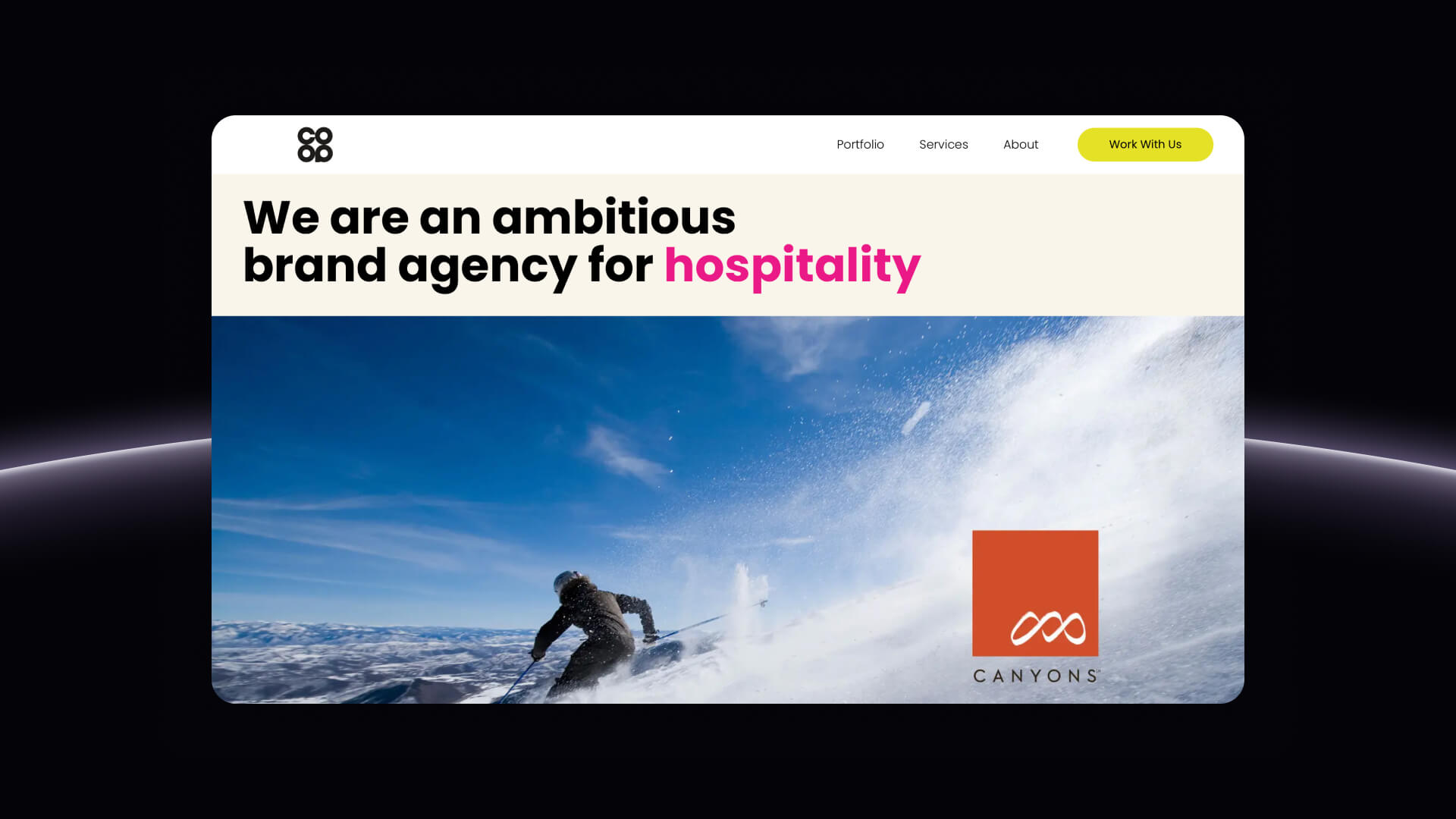 Co-op homepage showcasing transformative branding campaigns for clients like Verge and Canyons.