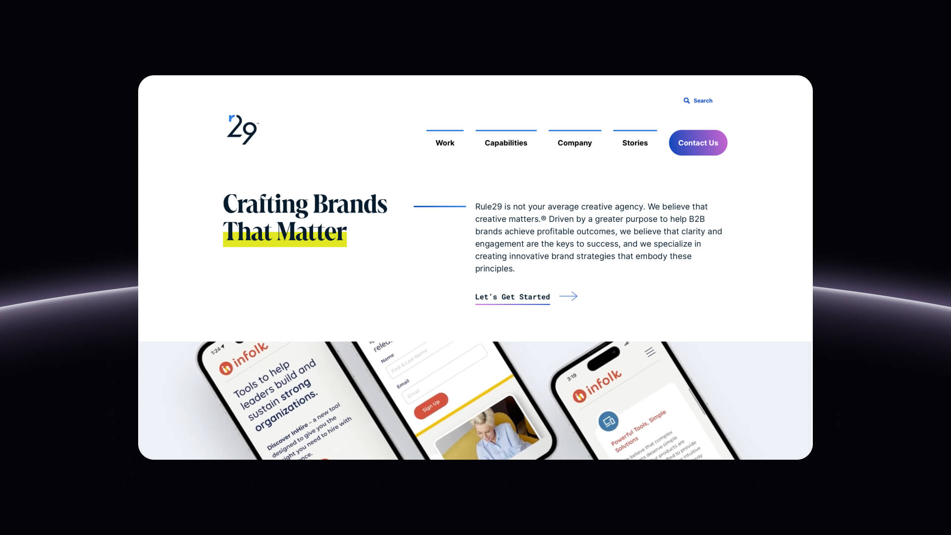 Rule29 homepage with branding solutions for Stanford University and UNICEF.