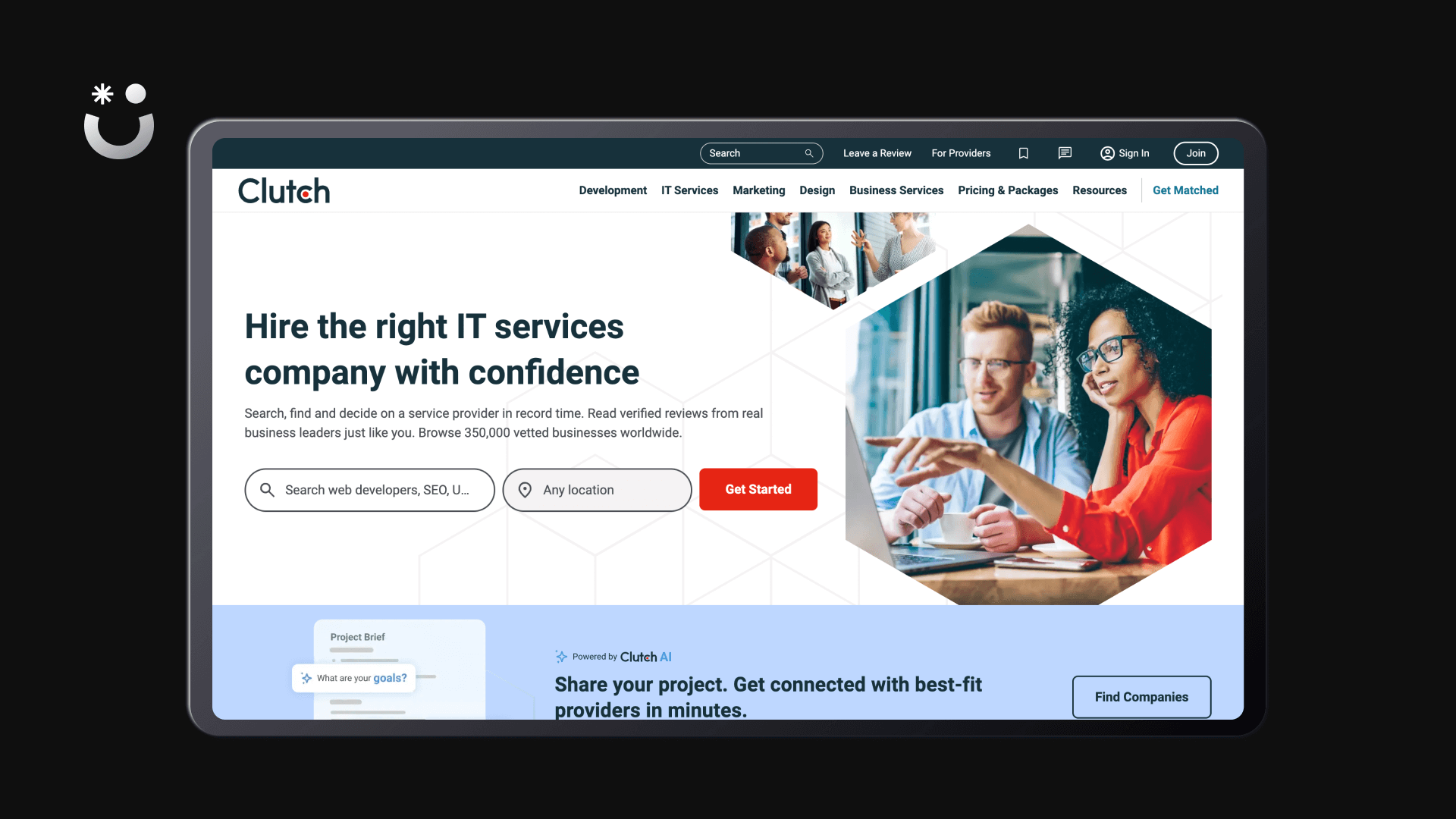 Clutch's homepage where you can search for agencies and see the reviews their client's post. 