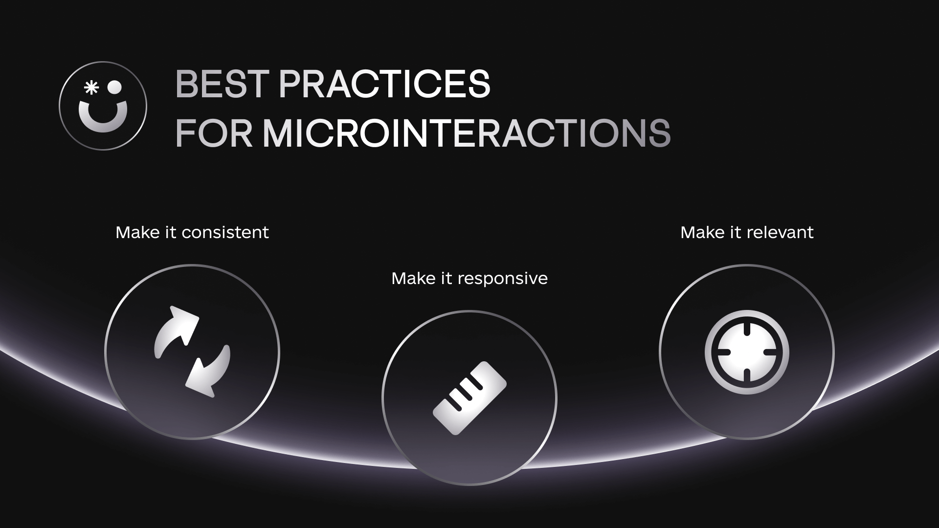 A representative image of the best practices for microinteractions which include consistency, responsiveness, and relevancy. 