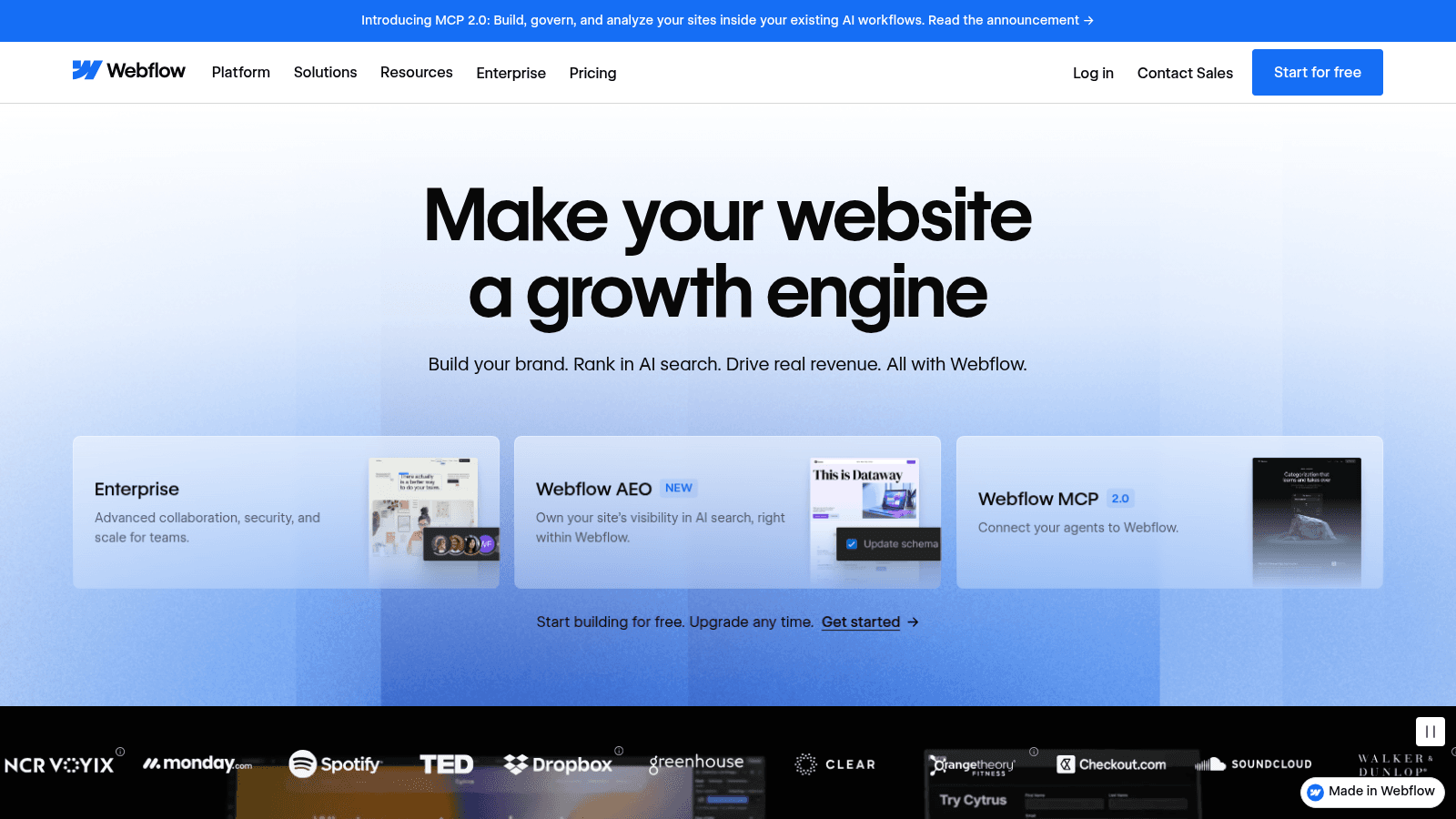 Webflow homepage in a webflow vs wordpress comparison