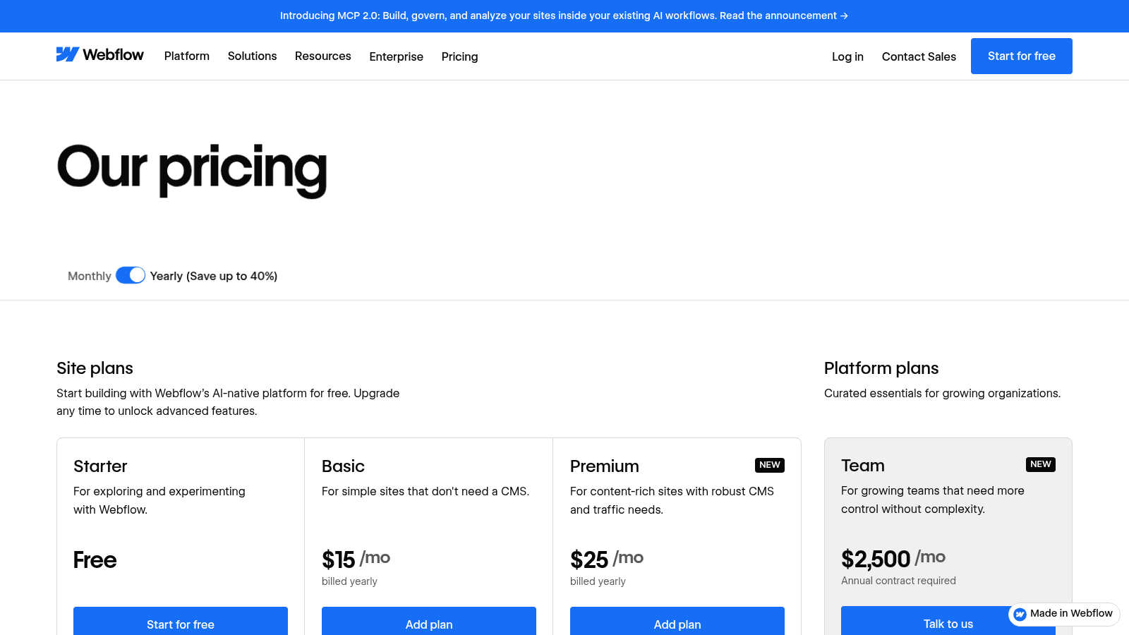 Webflow pricing page in a webflow vs wordpress comparison