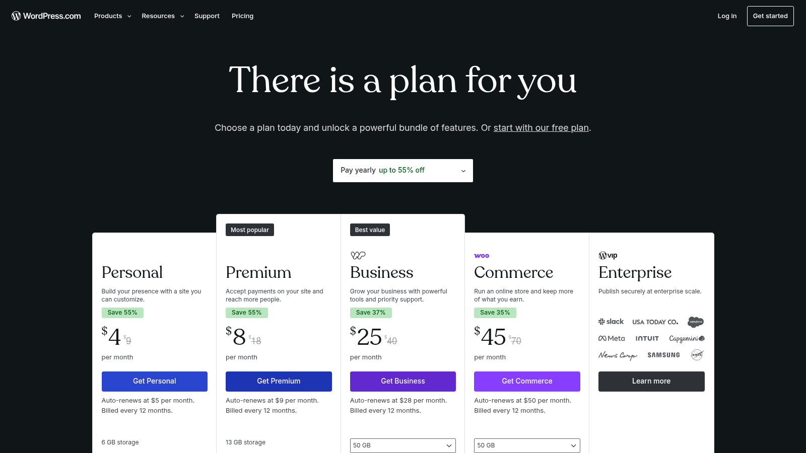 WordPress pricing page in a webflow vs wordpress comparison