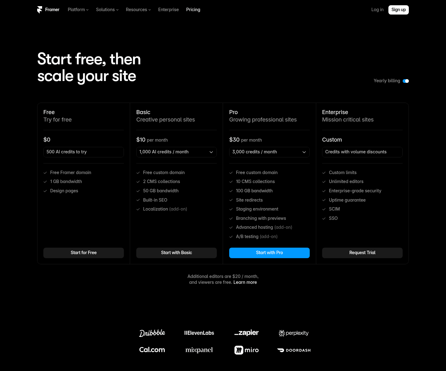 Framer pricing page in a framer vs webflow comparison