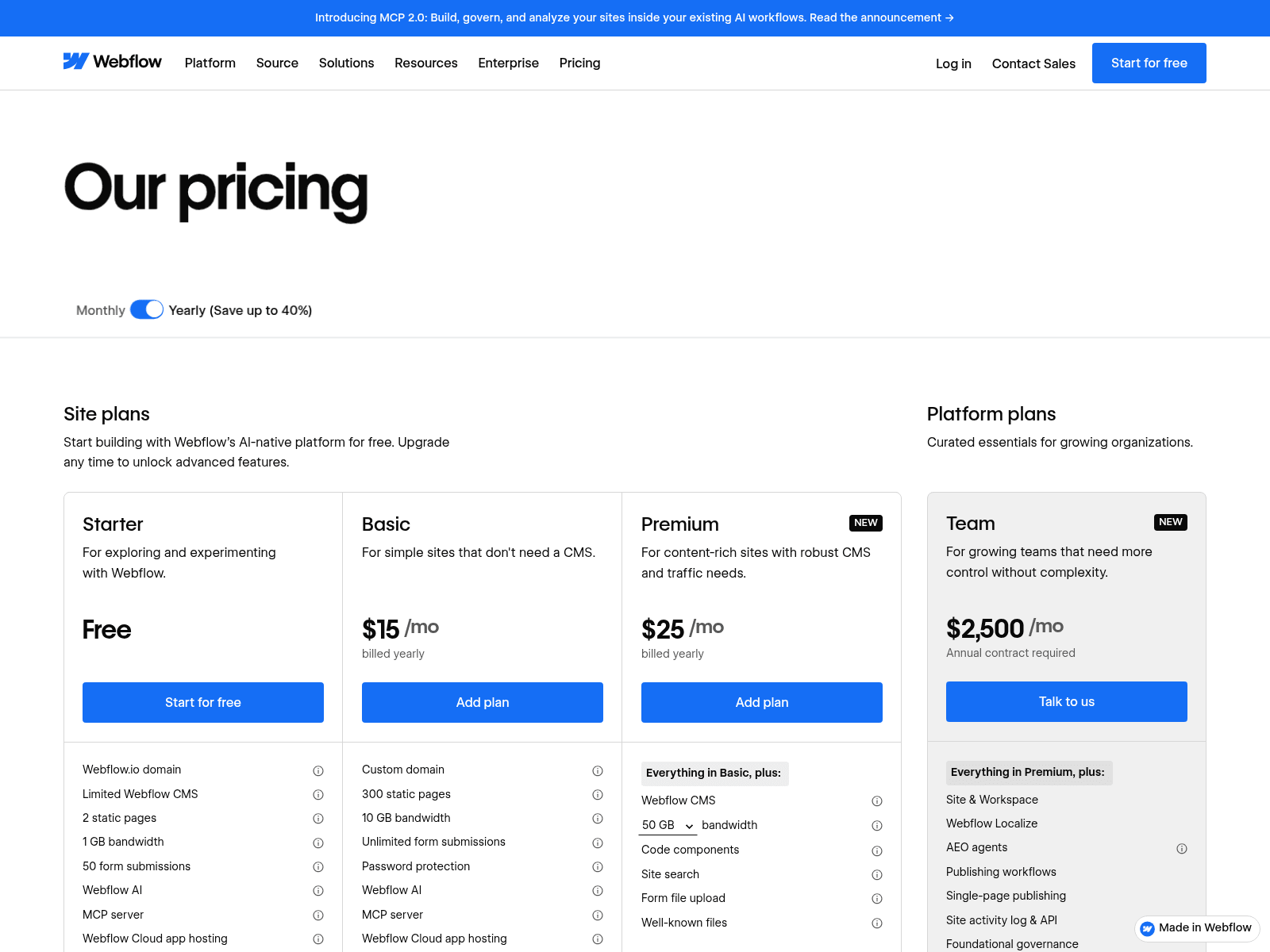 Webflow pricing page in a framer vs webflow comparison