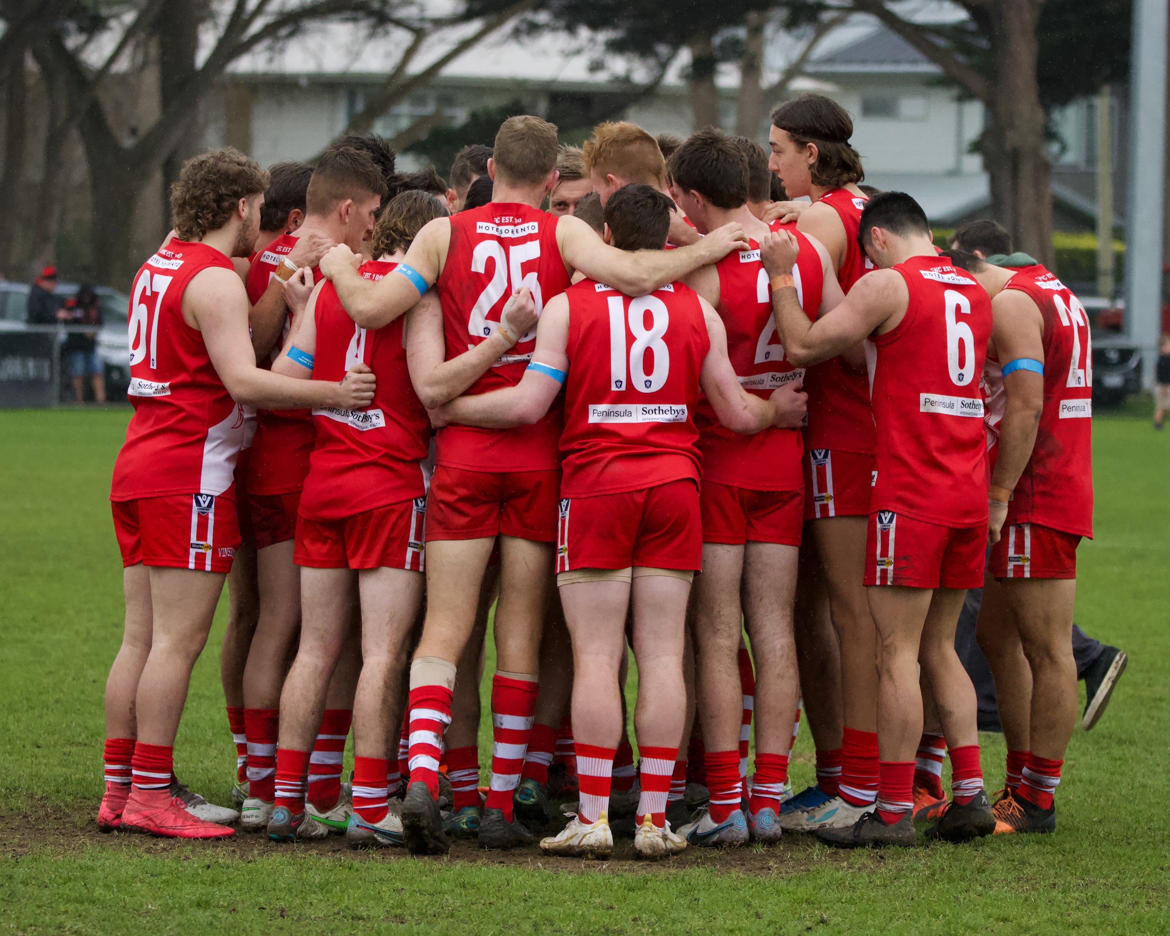 Sorrento Sharks Football Players in a team huddle