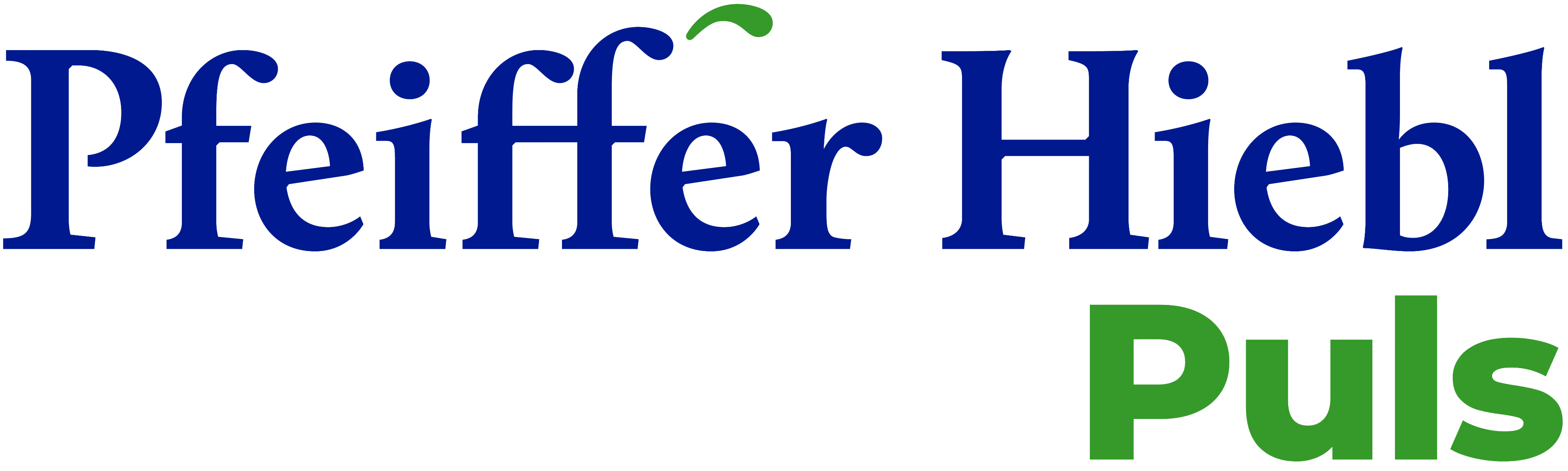 Schriftzug Pfeiffer Hiebl Puls in blauer und grüner Farbe.