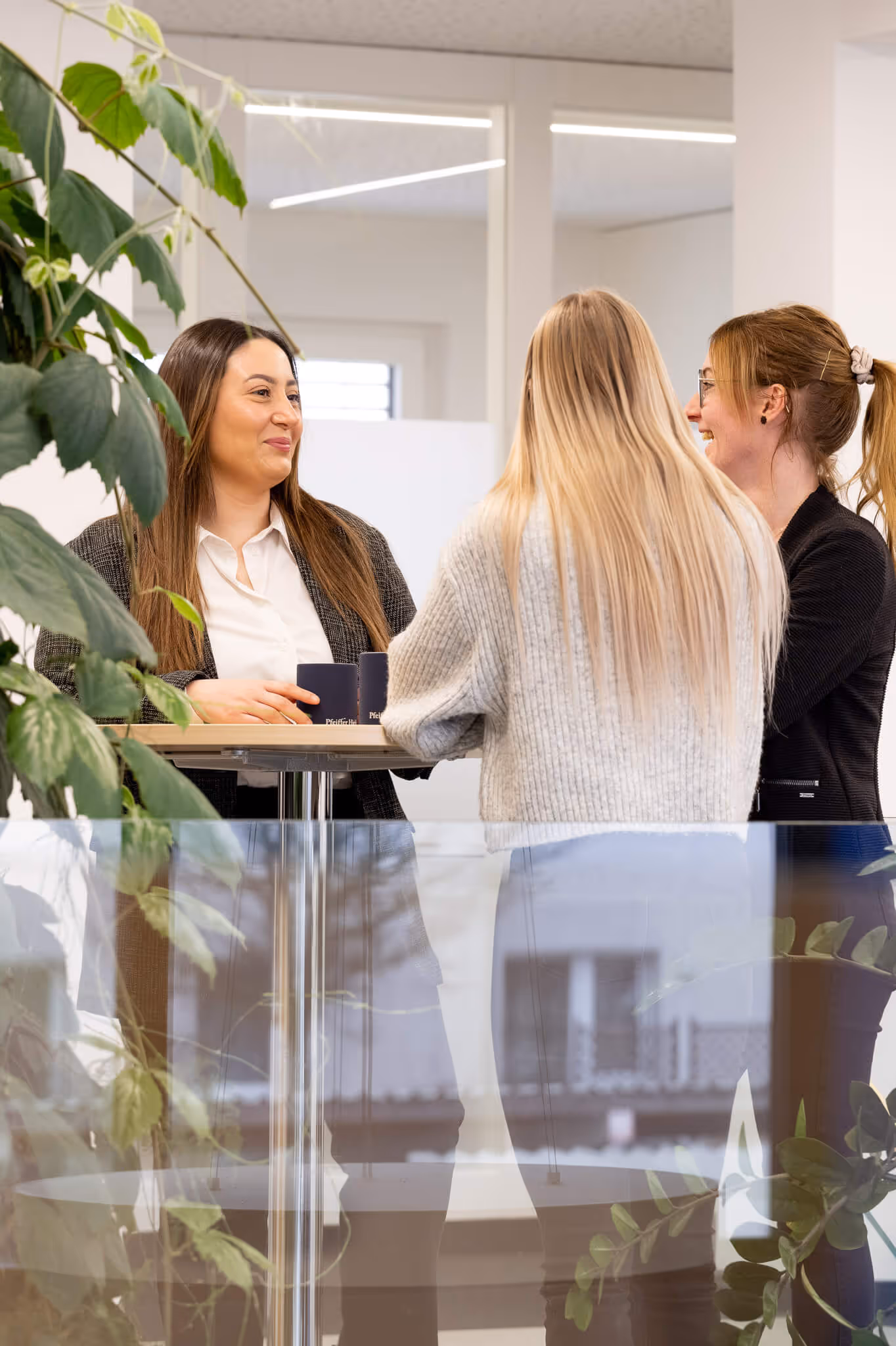 Drei Frauen unterhalten sich lachend um einen Stehtisch in einem modernen Büro mit Pflanzen im Vordergrund.