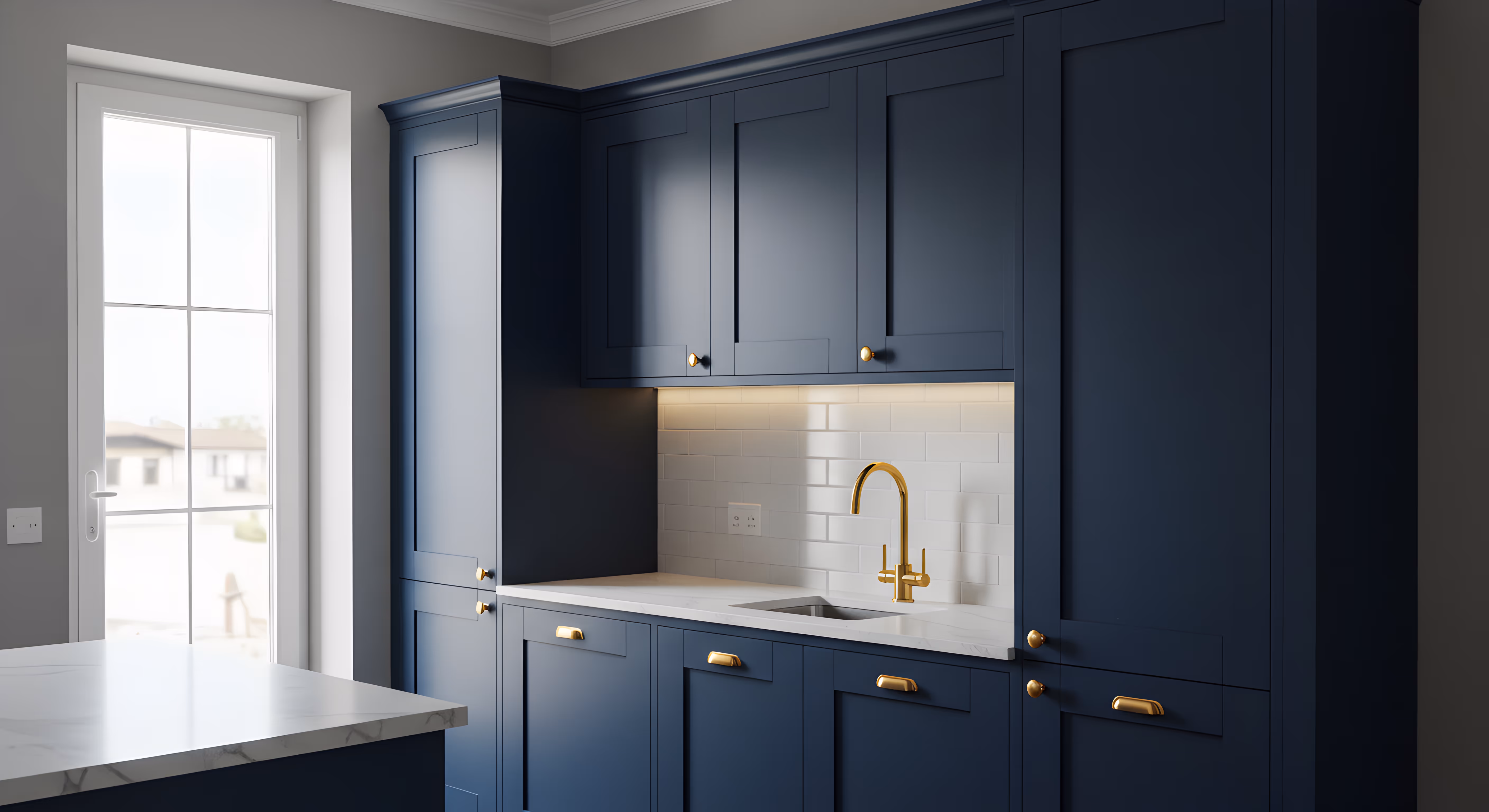 Kitchen with dark blue cabinets and gold hardware