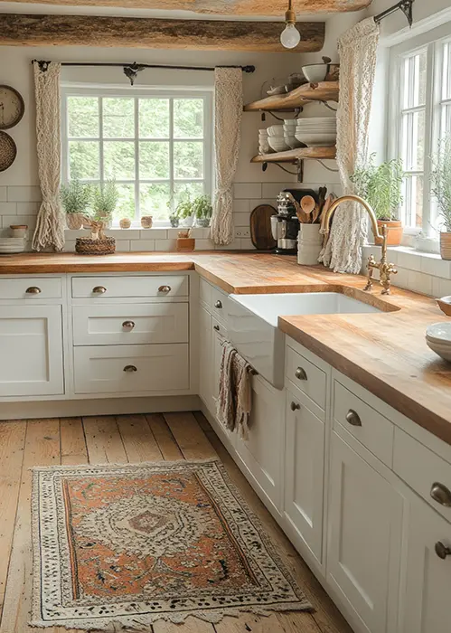 Country kitchen with oak worktops and white cabinets