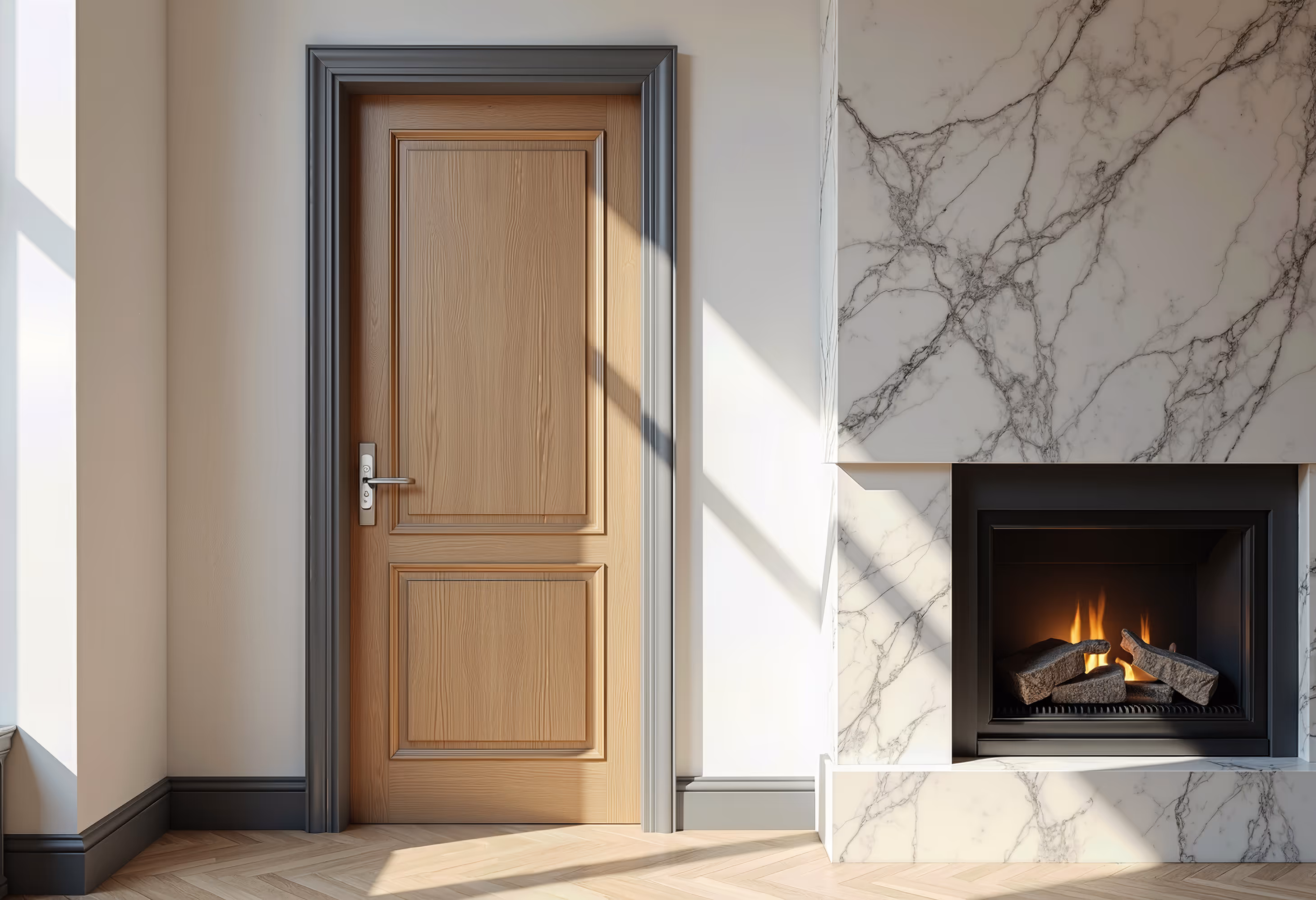 Oak door with dark architrave in living room with fireplace
