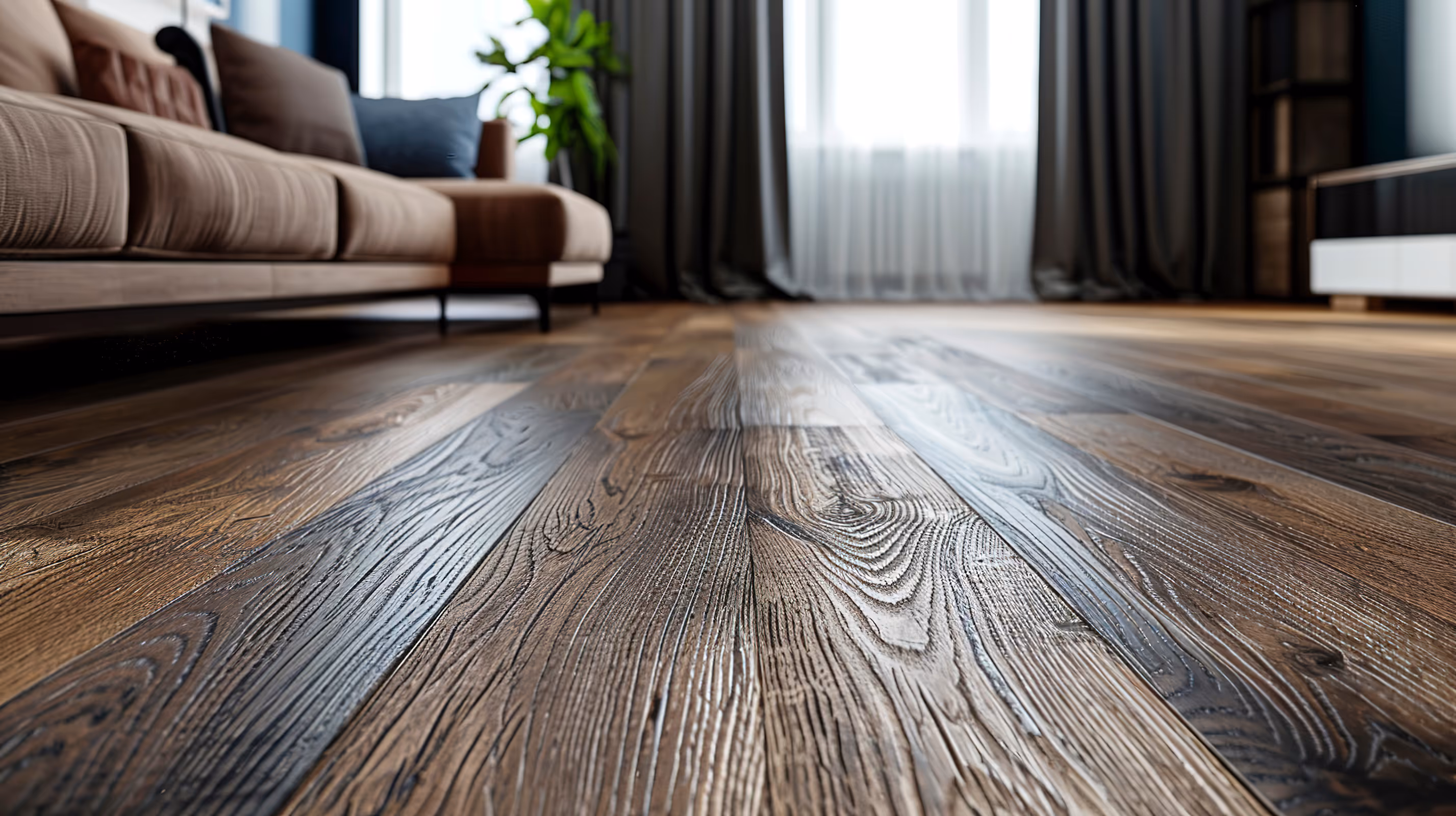 Close-up of dark wooden flooring in a living room
