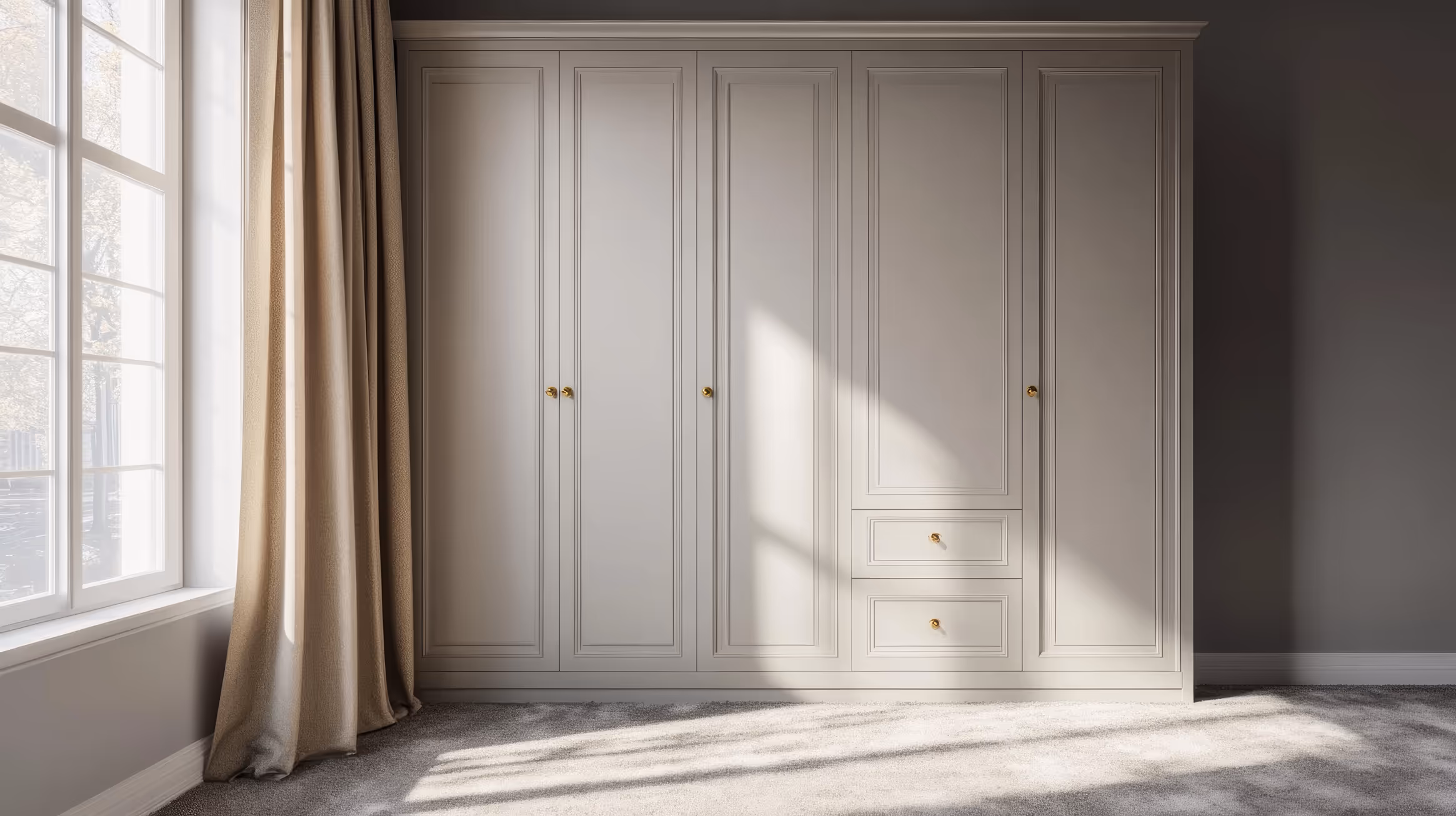 Fitted wardrobe in a bedroom next window and curtain