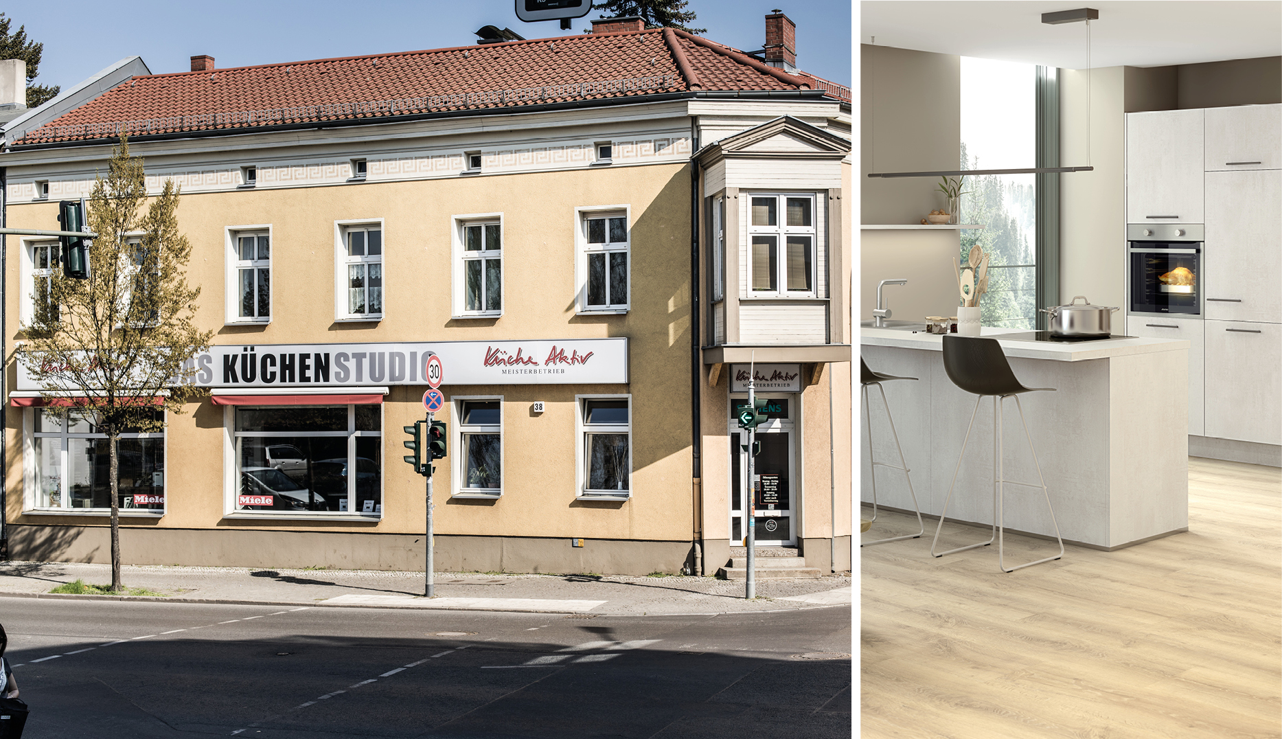 Außenansicht des Küche Aktiv Studios in Berlin-Altglienicke mit gelber Fassade und großem Schaufenster sowie moderner Ausstellungsküche mit Kochinsel und hellen Fronten. Ihr Küchenstudio für individuelle Küchenplanung in Berlin.