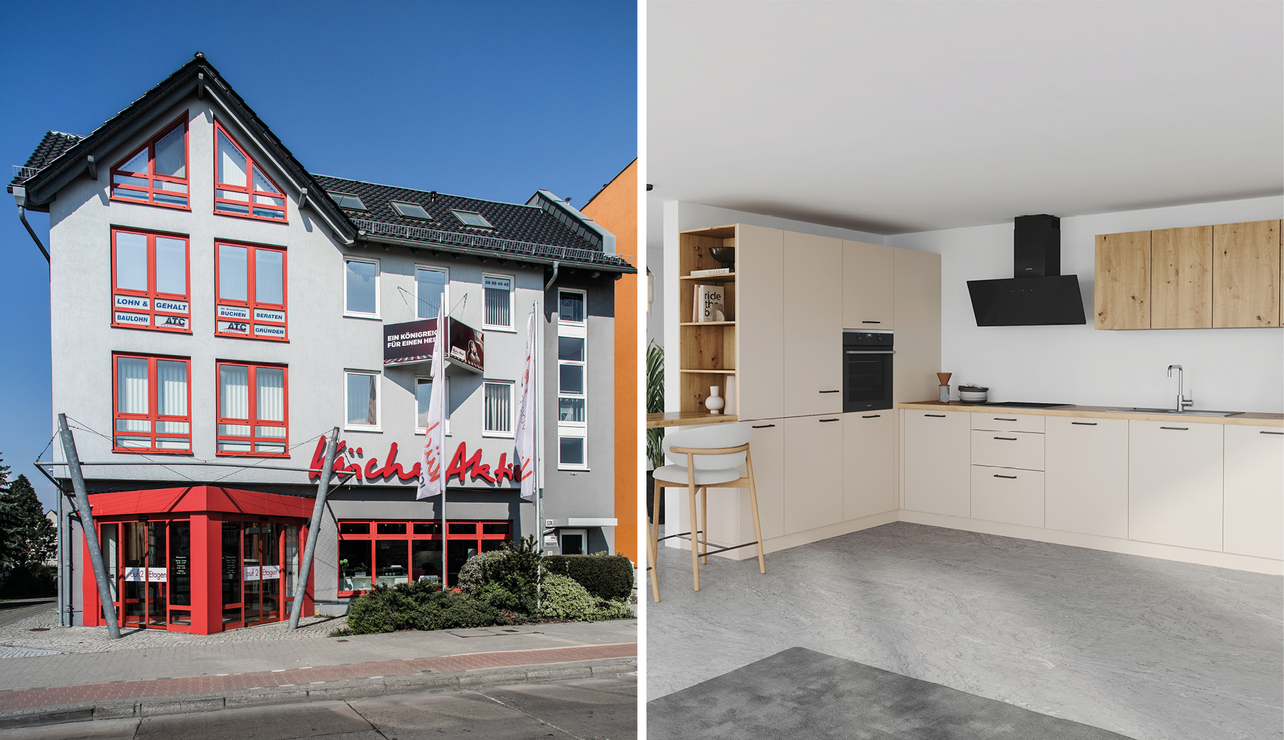 Außenansicht des Küche Aktiv Studios in Berlin-Kaulsdorf mit grauer Fassade und roten Akzenten sowie moderne Ausstellungsküche in Beige und Holzoptik. Professionelle Küchenberatung und maßgeschneiderte Planung für Traumküchen in Berlin.