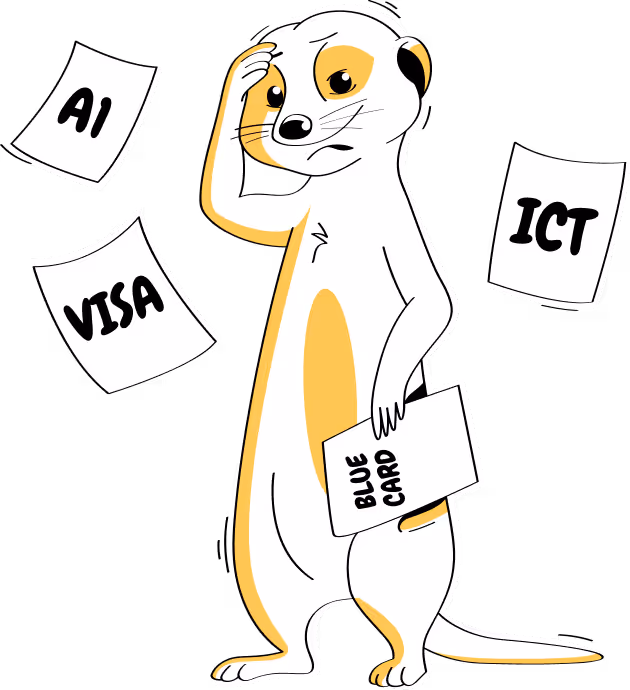 Zmatená surikata držící dokument označený jako Blue Card, obklopená papíry s nápisy AI, VISA a ICT.