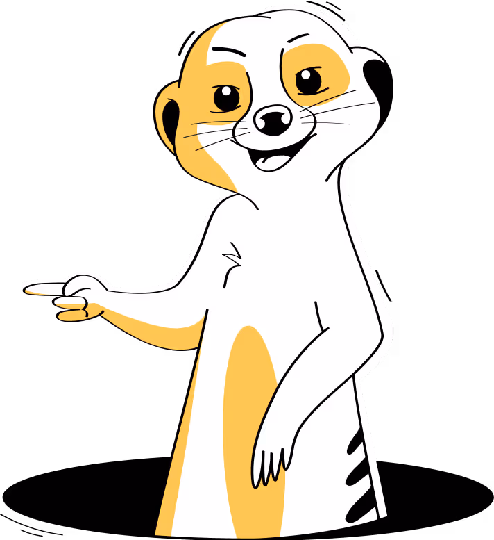 Kreslený surikata se směje a ukazuje levou rukou na levou stranu.