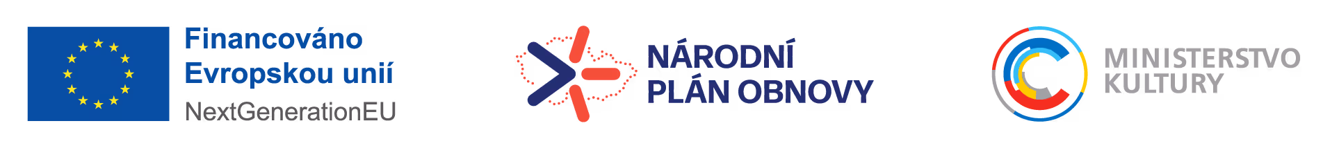Logo Evropské unie vedle textu Financováno Evropskou unií NextGenerationEU, logo Národního plánu obnovy a logo Ministerstva kultury České republiky.