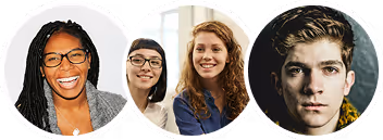 Čtyři mladí dospělí různého původu usmívající se do kamery ve výřezových kruzích.