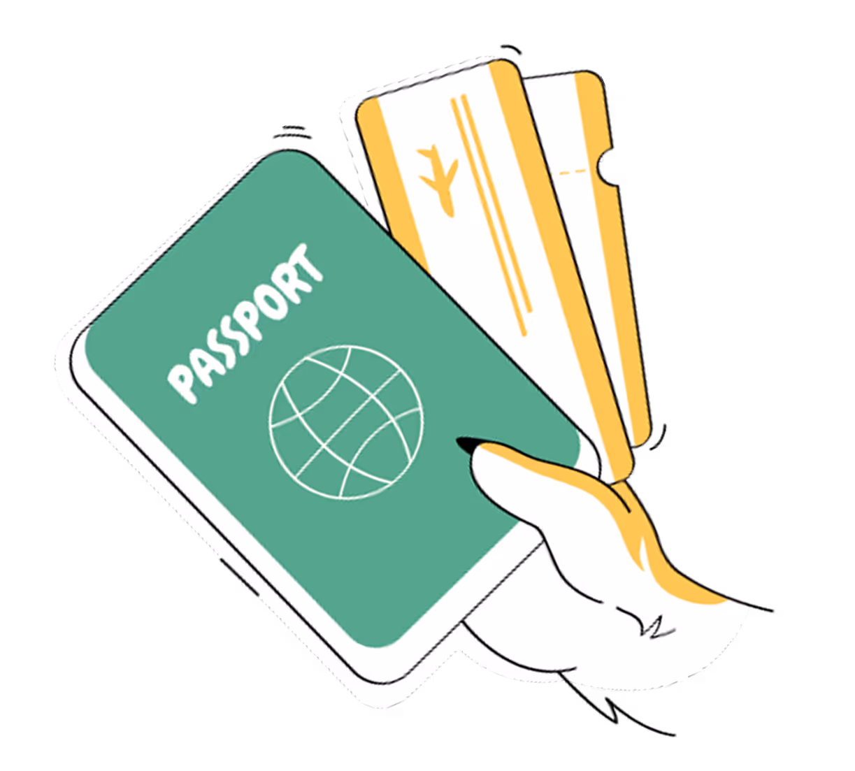 Ilustrace ruky držící zelený pas a dvě letenky s obrázkem letadla.
