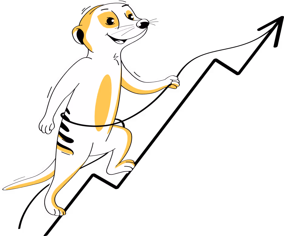 Usměvavý kreslený surikata stojící na zadních nohách s jednou zvednutou přední nohou.