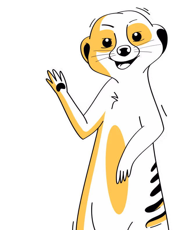 Kreslený surikata mává s úsměvem, oranžové a bílé zbarvení s černými pruhy na boku.