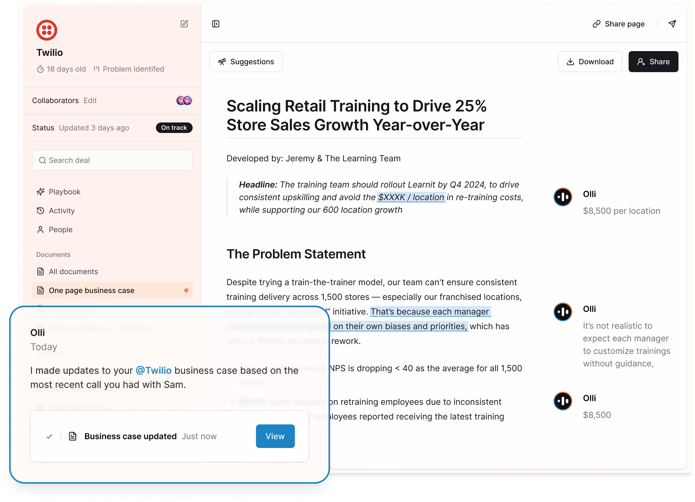 A deal page for "Twilio" with a pop-up notification from "Olli" stating, "I made updates to your @Twilio business case based on the most recent call you had with Sam."