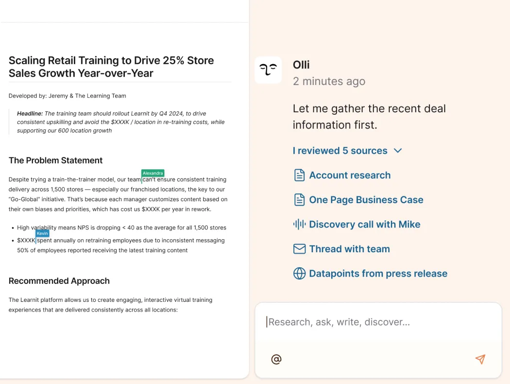 Screenshot showing a document on the left titled 'Scaling Retail Training to Drive 25% Store Sales Growth Year-over-Year' with sections on Problem Statement and Recommended Approach, alongside a chat interface on the right with user Olli saying 'Let me gather the recent deal information first' and listing five sources reviewed for account research.
