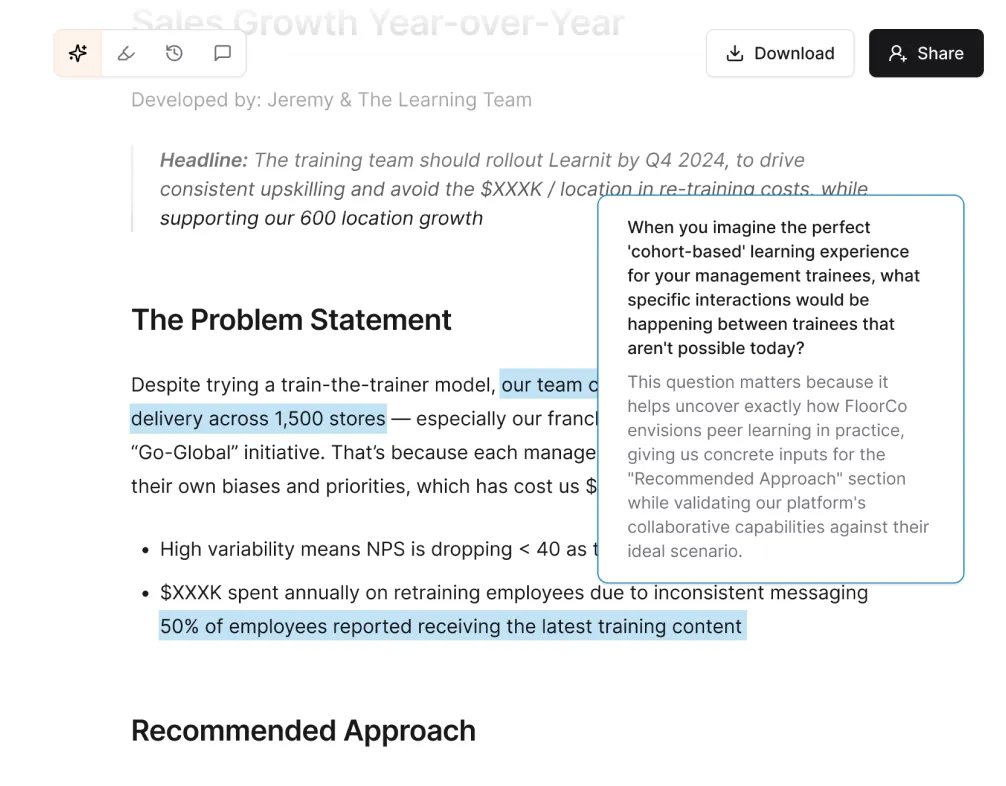 A presentation slide titled 'The Problem Statement' discussing challenges of inconsistent training delivery across 1,500 stores and 50% of employees receiving the latest training content, with a text box highlighting the importance of imagining a cohort-based learning experience for management trainees.