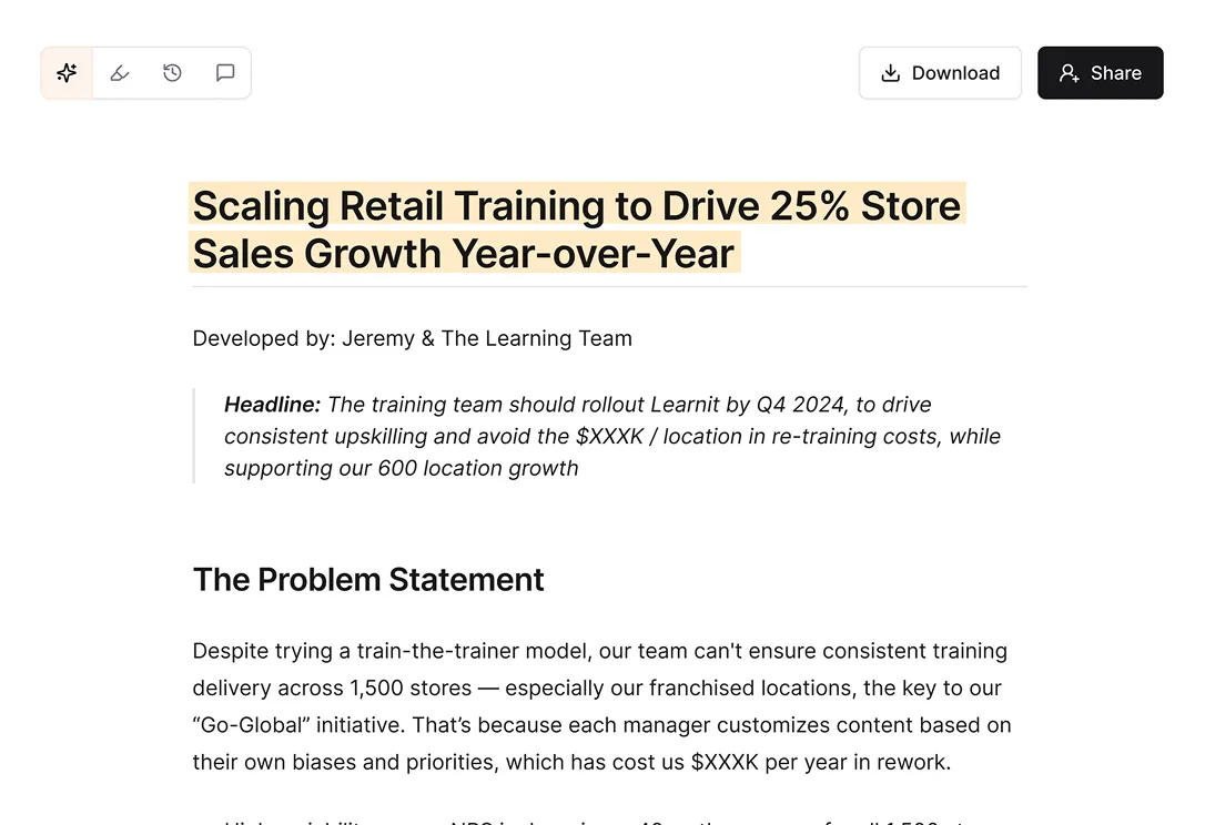 Document titled 'Scaling Retail Training to Drive 25% Store Sales Growth Year-over-Year' developed by Jeremy & The Learning Team, outlining a training rollout goal for Q4 2024 and problem statement about inconsistent training delivery across 1,500 stores.