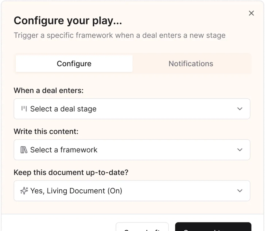 Popup interface with tabs to configure or set notifications for triggering a framework when a deal enters a new stage, including dropdowns to select a deal stage, framework, and document update option.