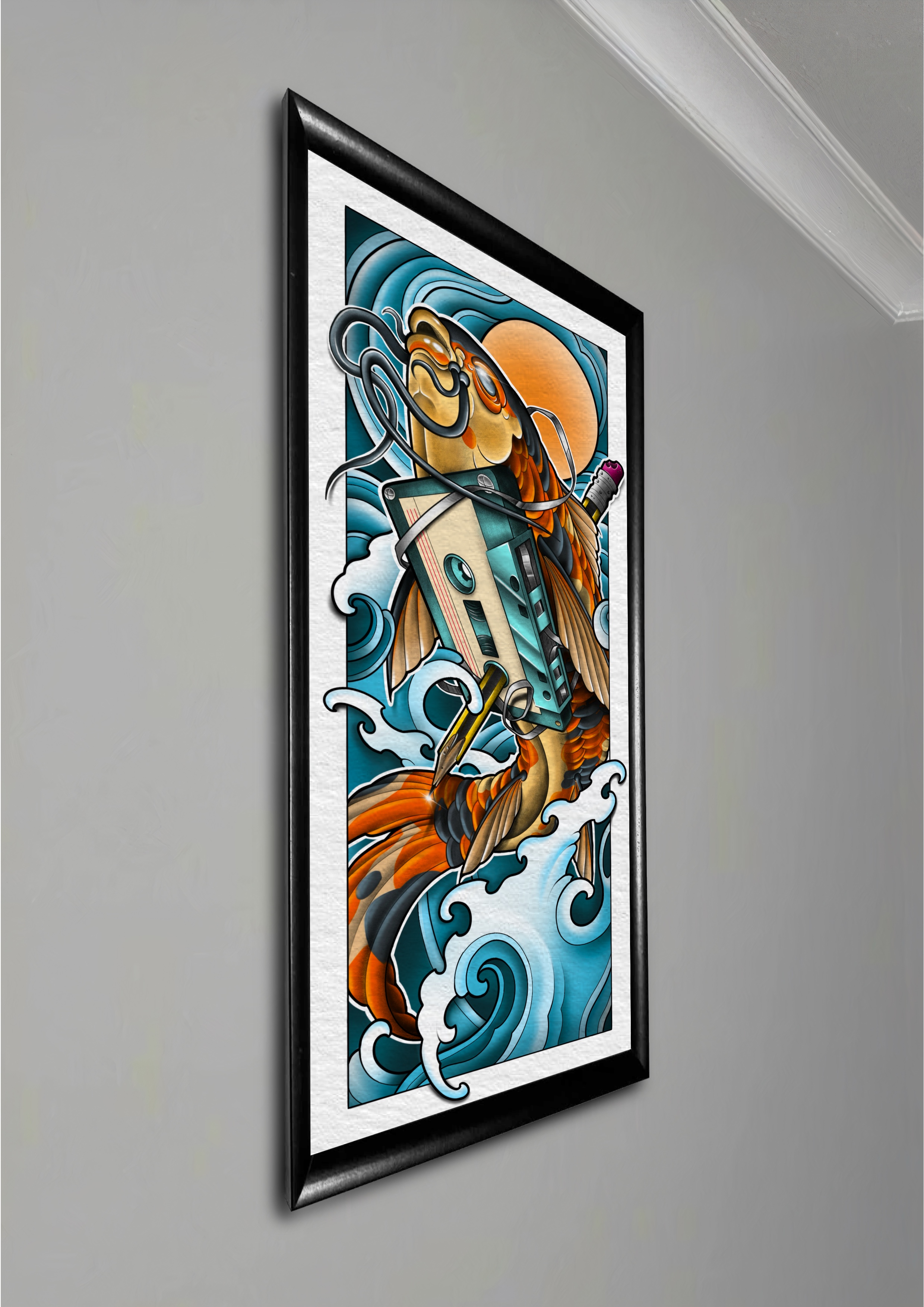 Framed artwork of an orange koi fish holding a vintage cassette tape amidst stylized blue waves and a round orange sun.