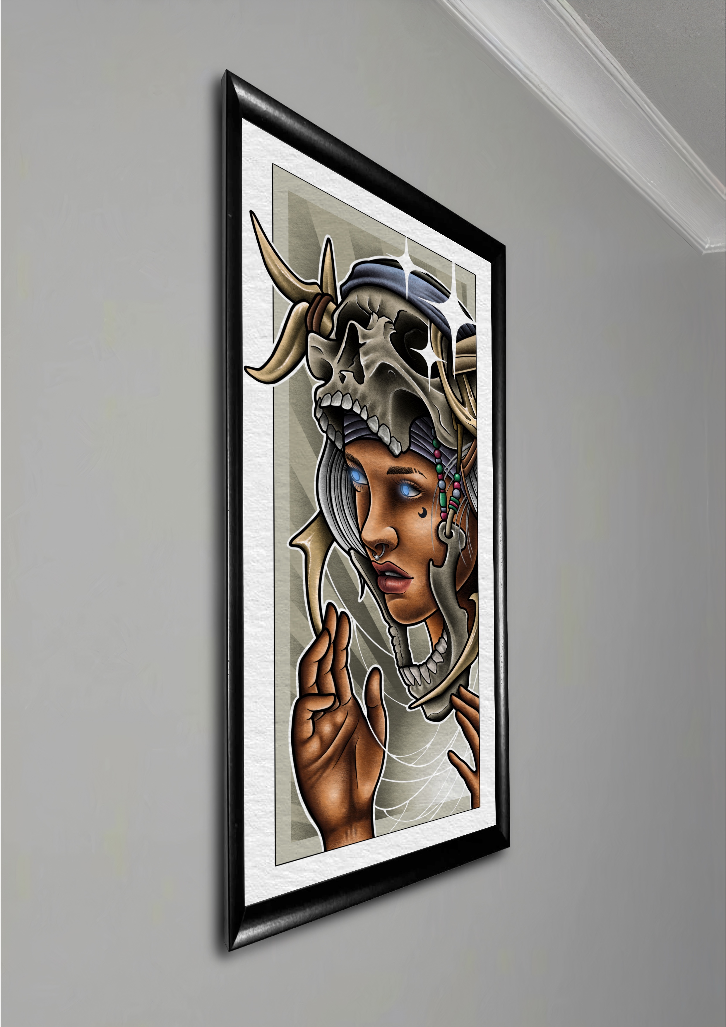 Framed digital artwork of a person with brown skin, glowing blue eyes, wearing a skull with antlers as a headdress.