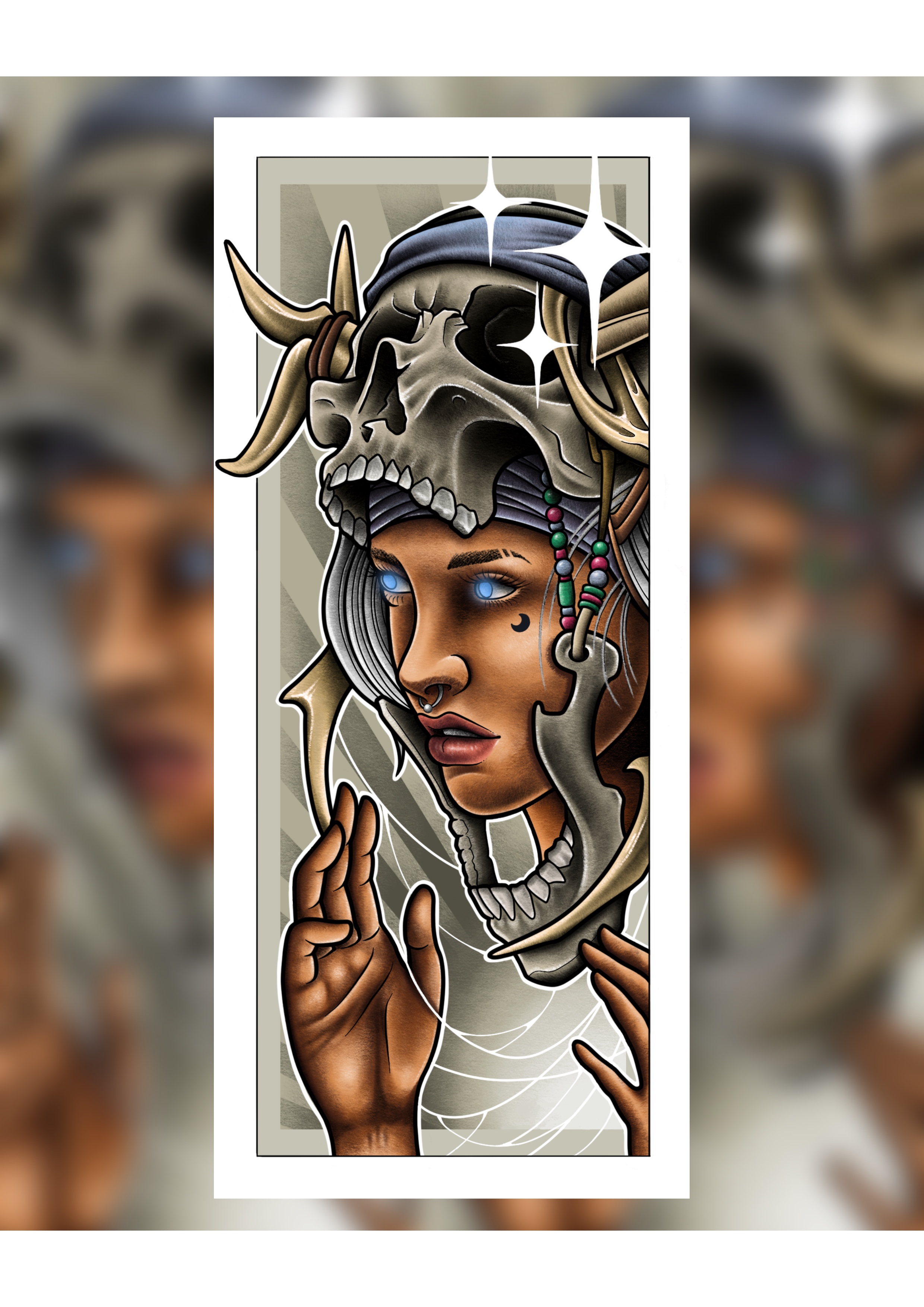 Illustration of a woman with glowing blue eyes wearing a skull with antlers as a helmet, with beads hanging and hands raised near her face.