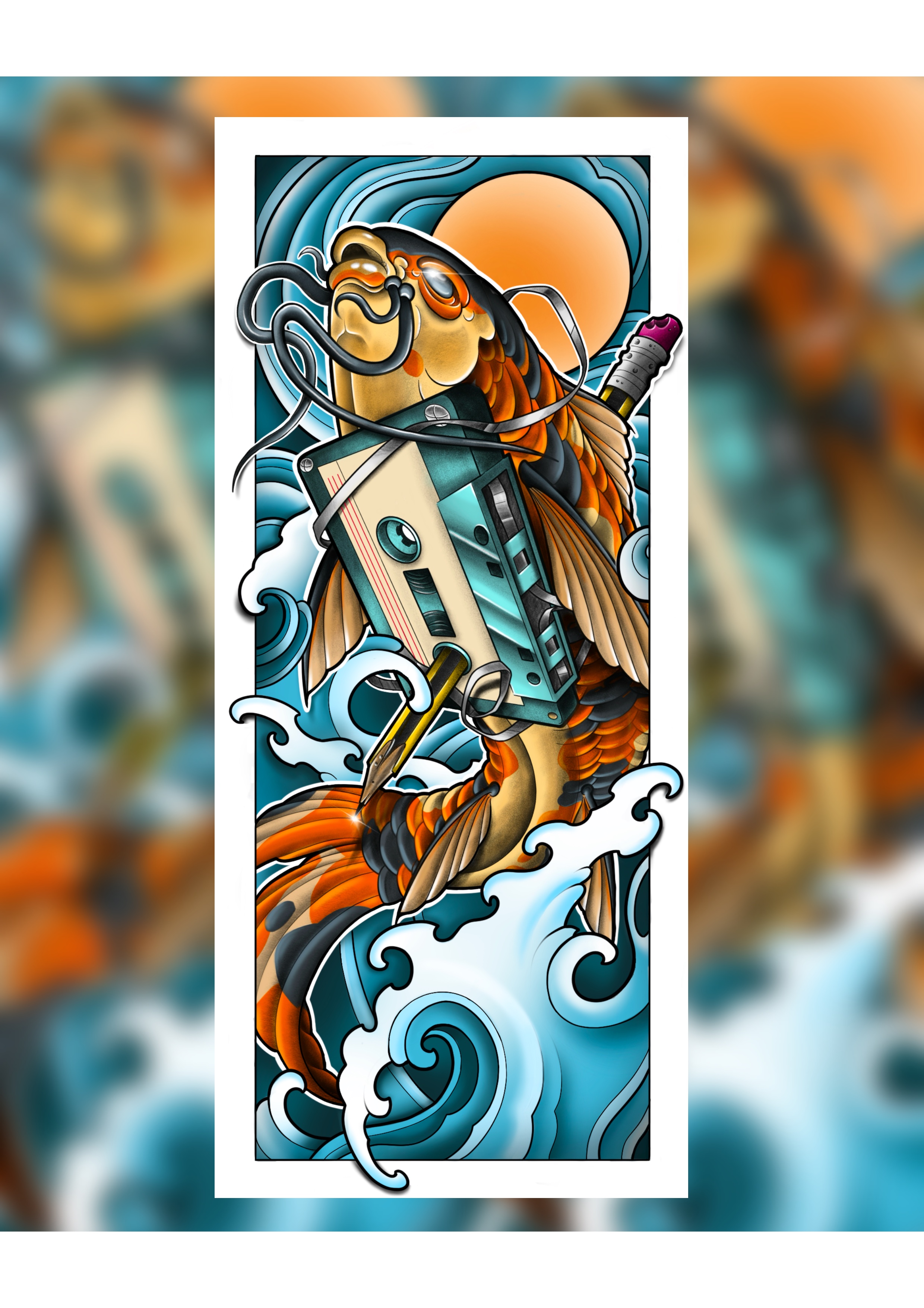 Framed artwork of an orange koi fish holding a vintage cassette tape amidst stylized blue waves and a round orange sun.