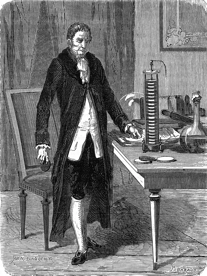 inventor volta standing next to a coil he invented