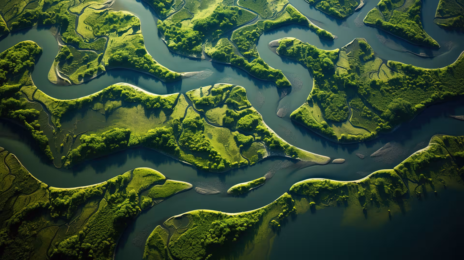 Aerial view of a river delta, with numerous meandering forks flowing around islands of green agricultural land. 