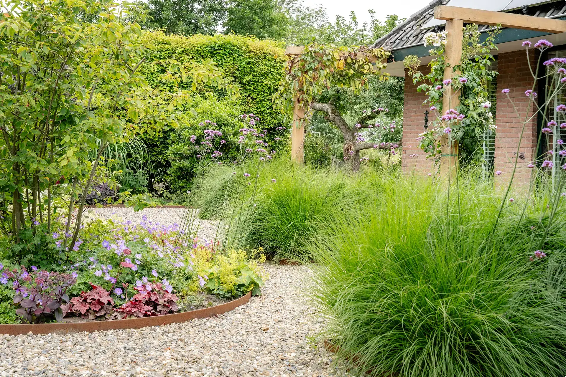 Deze landelijke tuin in Nieuwe Niedorp straalt rust en ruimte uit. De organische vormen zorgen voor een natuurlijke indeling waarin alles logisch in elkaar overloopt. De ronde lijnen maken de tuin speels en geven de borders een zachte uitstraling. Het ontwerp sluit mooi aan bij de luxe veranda, waardoor ze één geheel vormen. De aanleg vond plaats in twee fases, en het is altijd mooi om na verloop van tijd terug te komen en te zien hoe de tuin groeit en tot leven komt. Het resultaat is een weelderige, landelijke tuin waar sfeer, beplanting en vakmanschap samen zorgen voor een ontspannen buitenruimte.