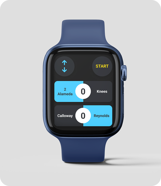 Smartwatch with blue strap displaying a sports pickleball scoreboard app showing teams Alameda and Knees with score 2 to 0, and Calloway and Reynolds with score 0 to 0, along with start button and up/down arrows.