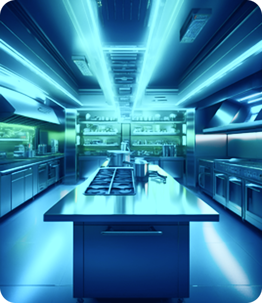 Futuristic commercial kitchen with stainless steel counters, appliances, and bright blue lighting.