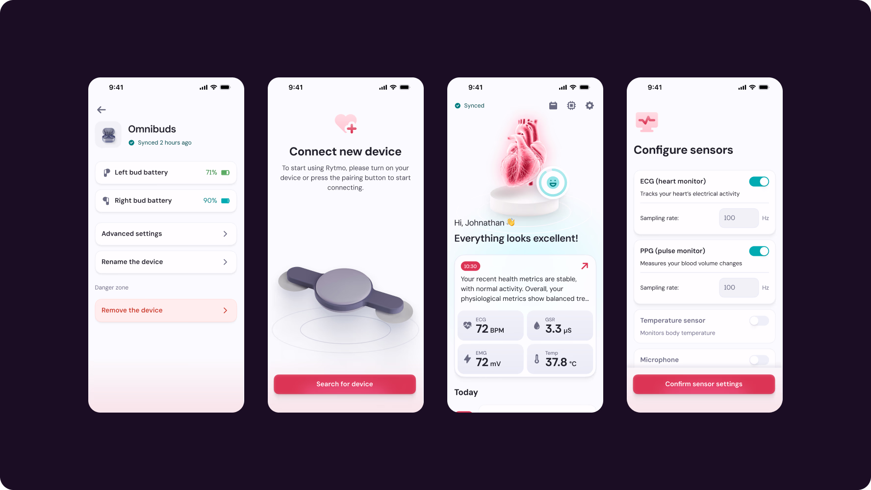 Halo Lab’s ui screens for onboarding and wearable connection for Rytmo health monitoring app