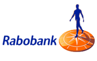 Logo van Rabobank met een blauwe menselijke figuur op een oranje kompas.
